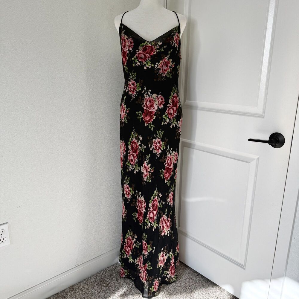Asos Black Floral Maxi Chiffon Cowl Neck Dress Romantic Whimsygoth Fairy Size 8